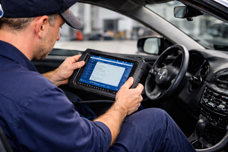 Technicien utilisant une tablette de diagnostic électronique dans un véhicule