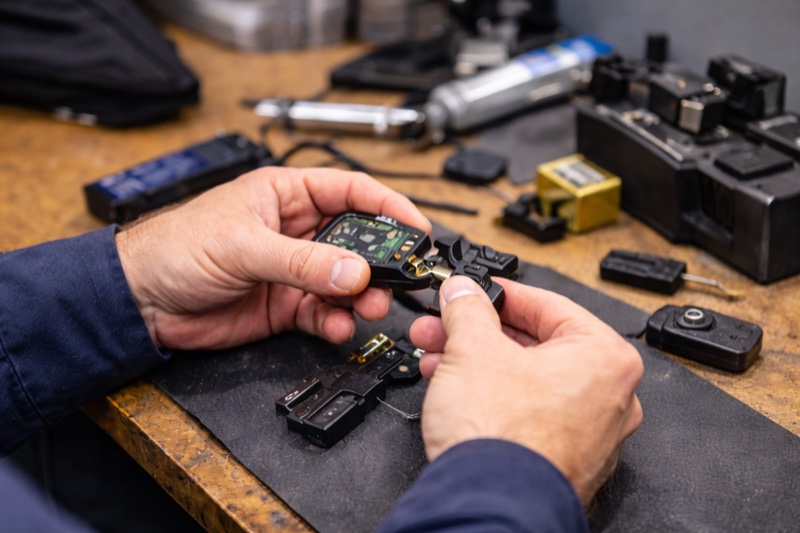 Mains de technicien réparant le circuit électronique d'une clé de voiture